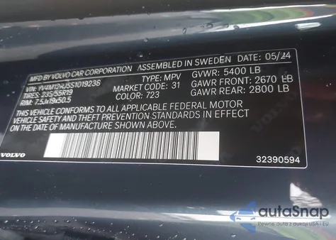 2025 Volvo Xc60 B5 Core from USA, damaged, VIN YV4M12RJ5S1019238